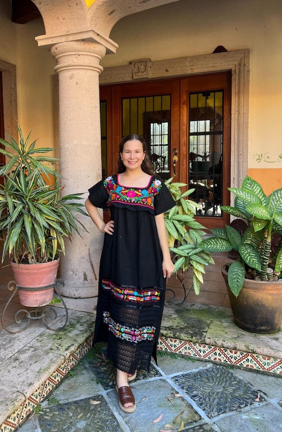 Handmade Mexican Long Dress: Floral Embroidered Ethnic Dress with Lace