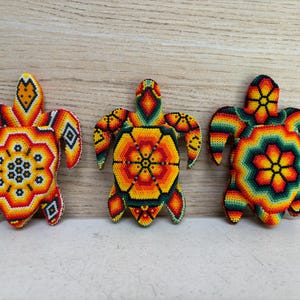 Huichol turtle statue lined with tiny beads, Huichol Decor, Huichol beadwork, Mexican Art, Collectible figure.