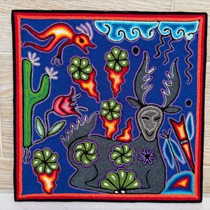 Huichol yarn painting 12 X 12 inches (30 X 30 cms), Huichol Thread Painting - Handmade Mexican Art with a Detailed History.