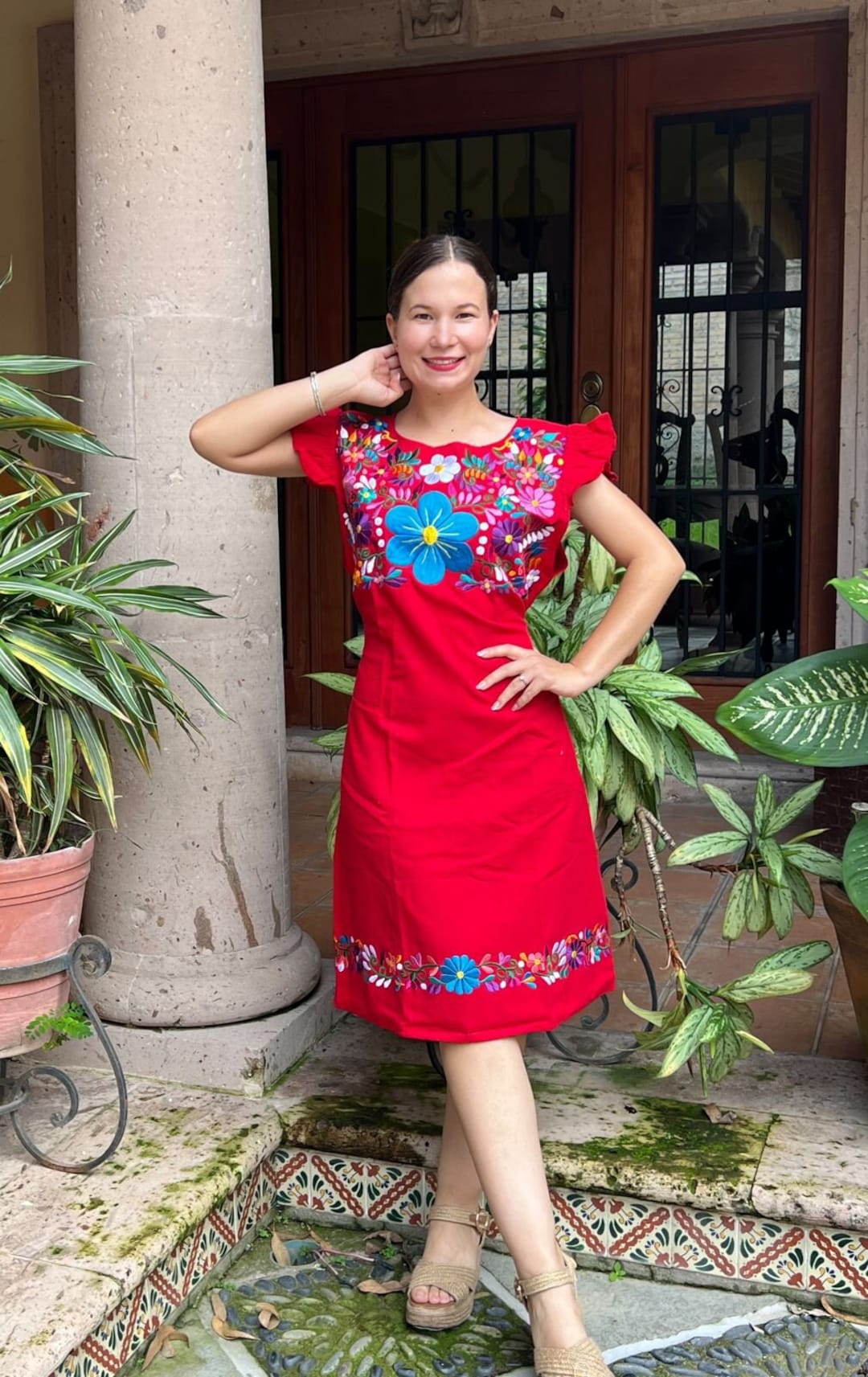 Embroidered Mexican Dress: Floral Butterfly Sleeve Blanket Fabric Embroidered Mexican Dress: Floral Butterfly Sleeve Blanket Fabric