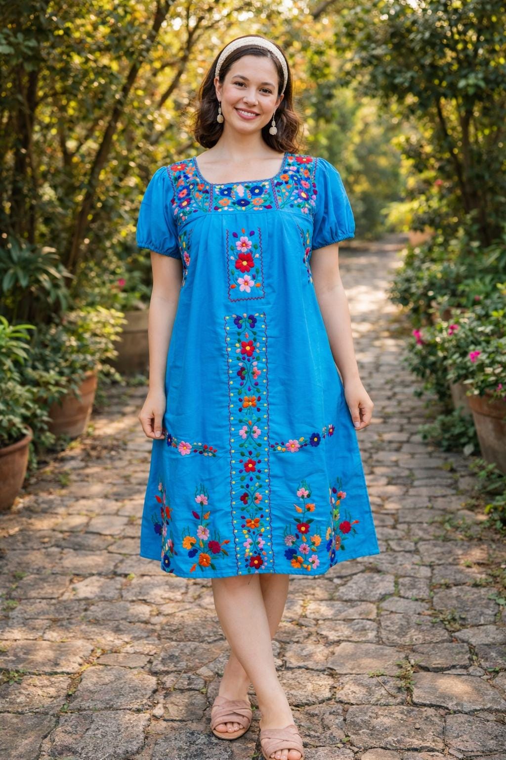 Hand Embroidered Mexican Dress: Floral Hupil Cotton Ethnic Dress