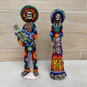 Handmade Huichol Beaded Skeleton Figurine, Mexican Folk Art Day of the Dead, Sold Separately.