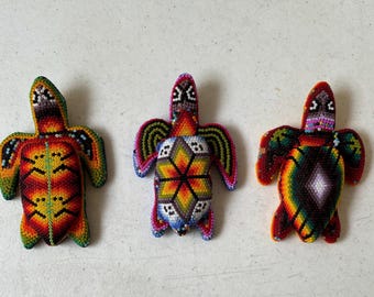 Huichol turtle statue lined with tiny beads, Huichol Decor, Huichol beadwork, Mexican Art, Collectible figure.