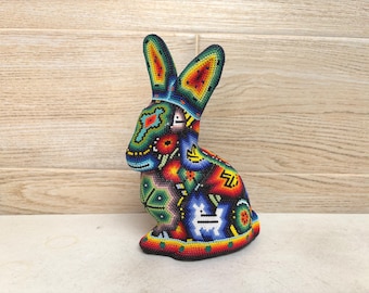 Handmade Huichol Beaded Rabbit Figurine, Mexican Folk Art, Colorful Beadwork Sculpture.