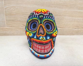 Handmade Huichol Beaded Skull: Mexican Folk Art Decor