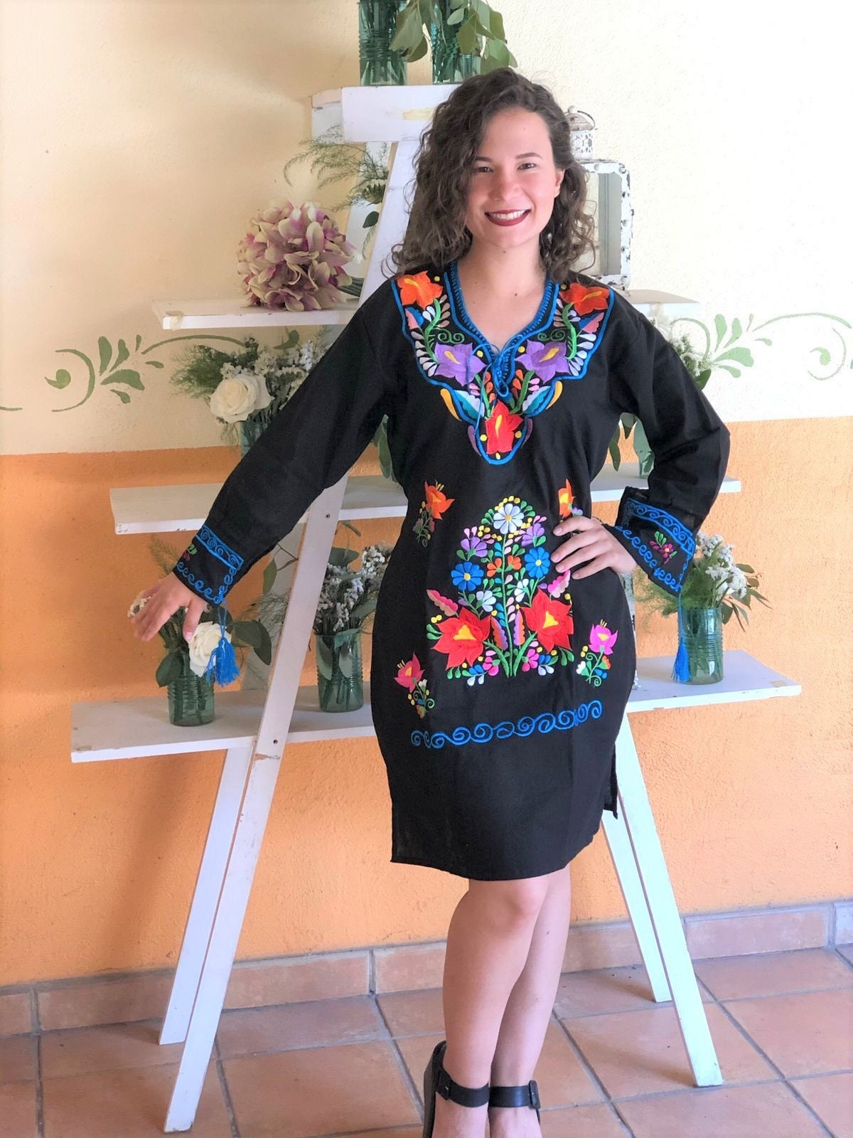 Embroidered Mexican Dress: Floral Huipil, Ethnic Oaxaca Artisan