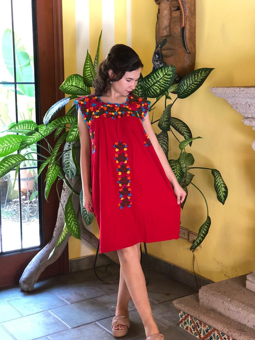 Vestido mexicano bordado a mano: vestido étnico floral artesanal  México