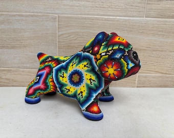 Huichol Beaded Pug Figurine, Handmade Mexican Folk Art