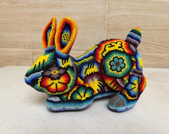 Handmade Huichol Beaded Rabbit Figurine, Mexican Folk Art, Colorful Beadwork Sculpture.