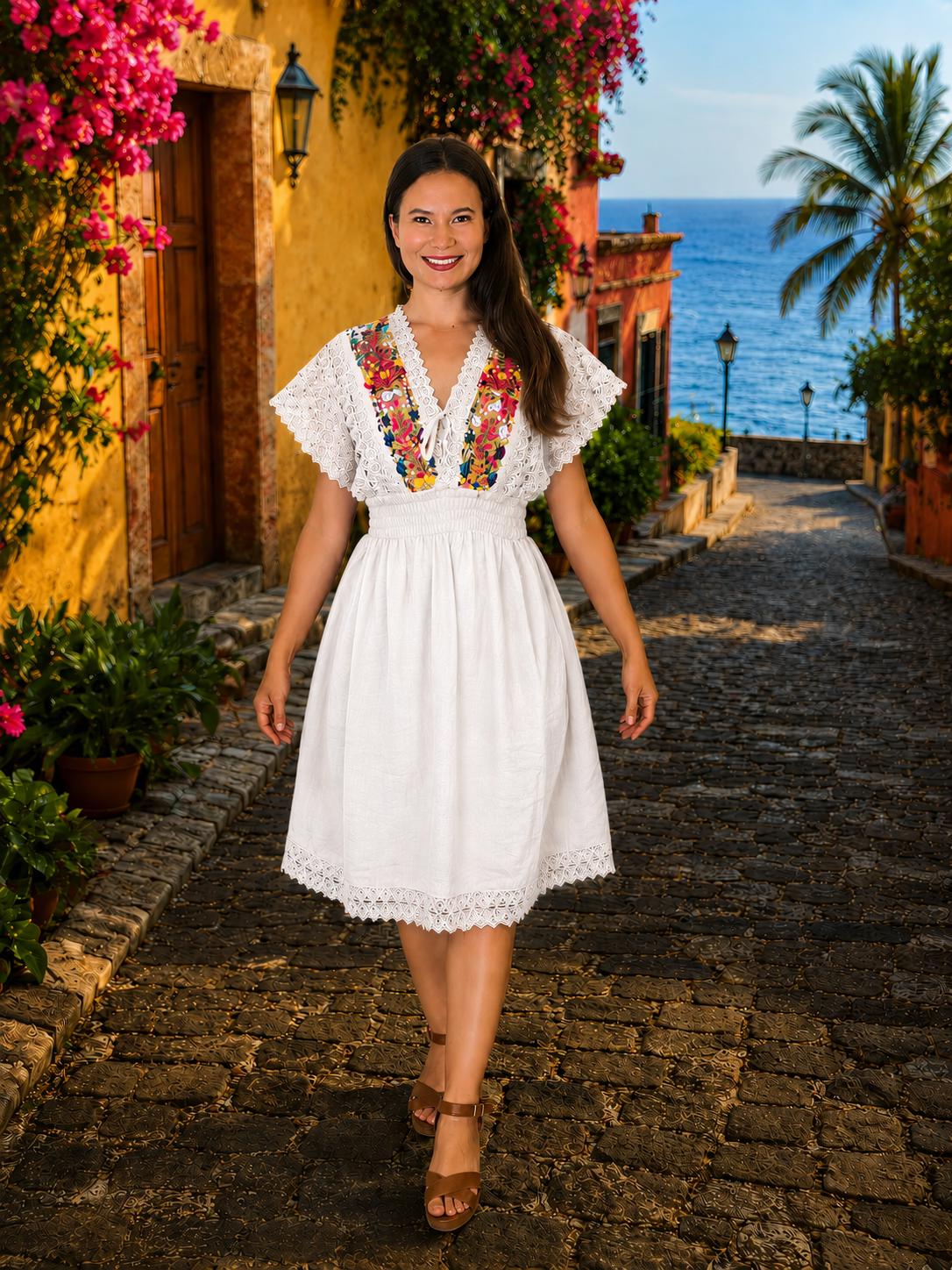 mexican embroidered white dress Floral Embroidered Mexican Dress: Oaxaca Ethnic Style