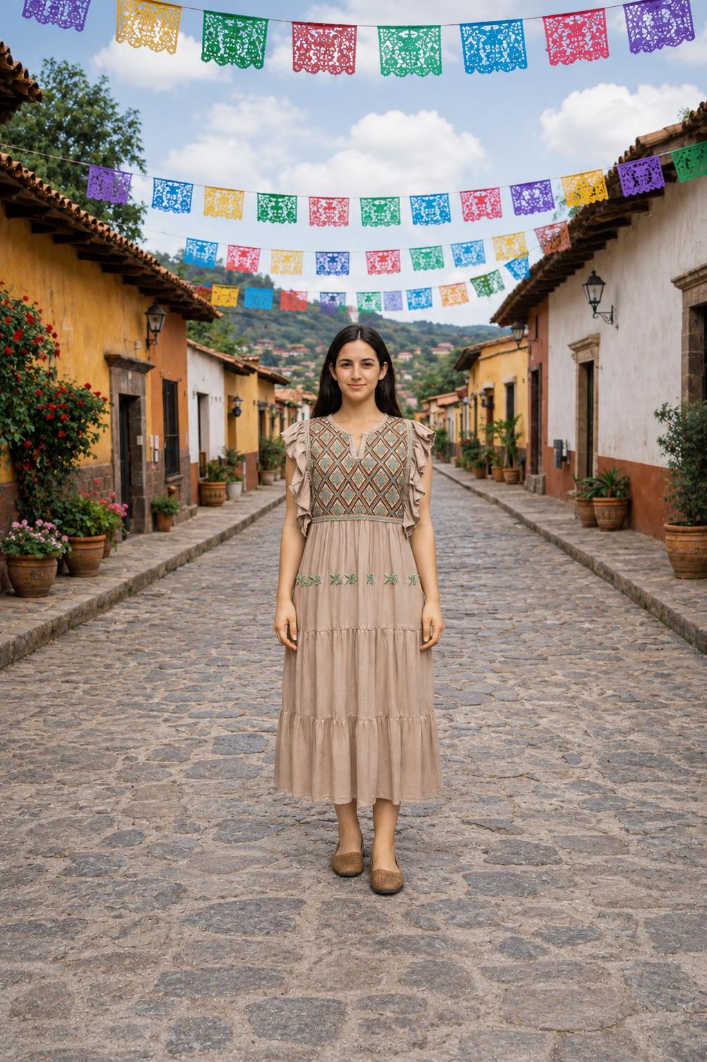 brazzers orange dress Handmade Loom Embroidered Mexican Midi Dress: Ethnic Ruffle Sleeve Dress