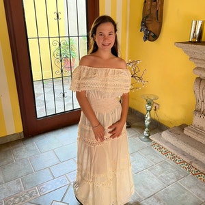 Traditional Mexican long dress, Mexican long dress, peasant dress, strapless dress, ethnic dress. Beis