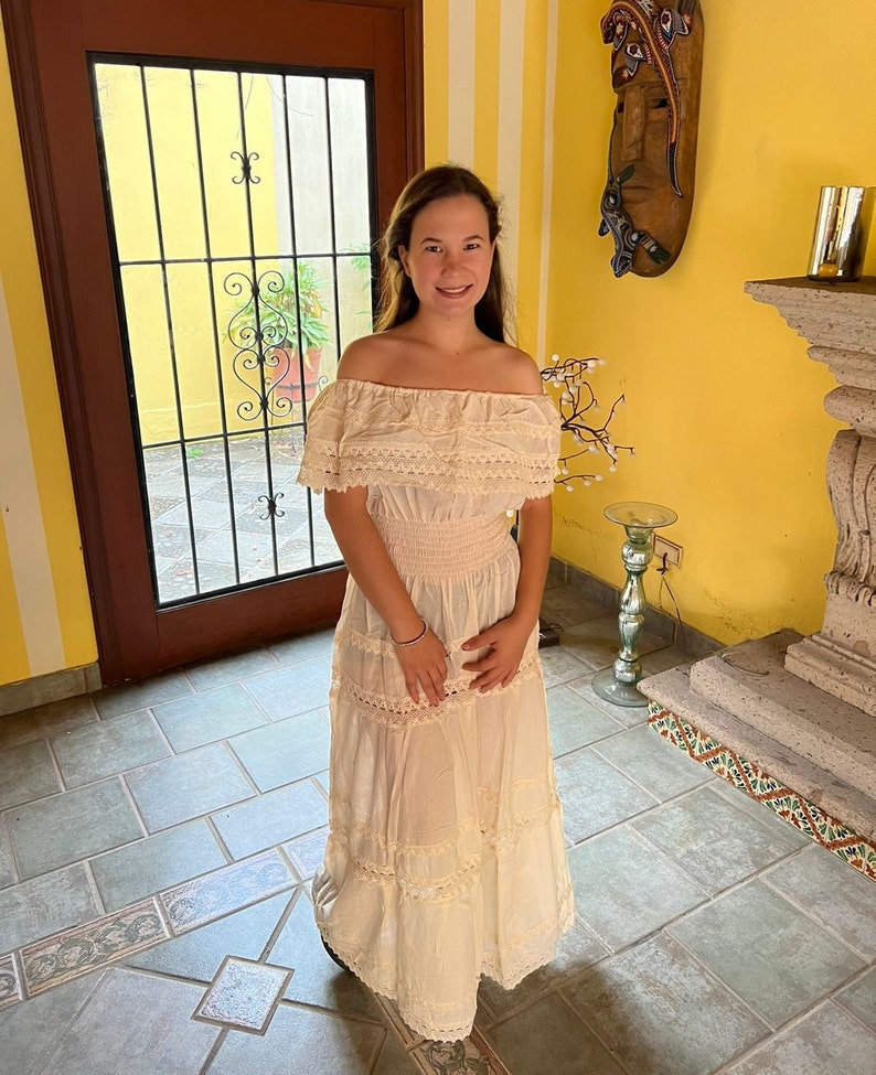 Traditional Mexican long dress, Mexican long dress, peasant dress, strapless dress, ethnic dress. Beis