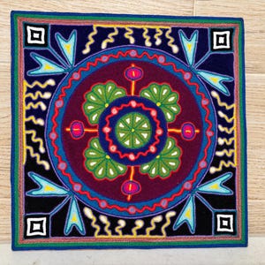 Huichol yarn painting 12 X 12 inches (30 X 30 cms), Huichol Thread Painting - Handmade Mexican Art with a Detailed History.