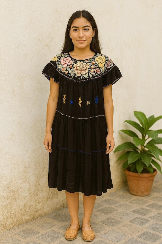Handmade Floral Embroidered Mexican Dress: Rayon Long Dress