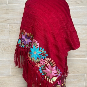 Floral Embroidered Shawl, mexican shawl, mexican scarf, embroidered mexican rebozo, elegant scarf, evening wrap, beautiful gift. Red