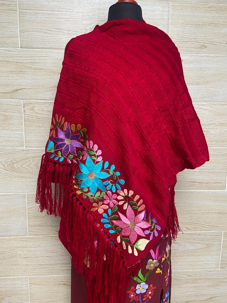 Floral Embroidered Shawl, mexican shawl, mexican scarf, embroidered mexican rebozo, elegant scarf, evening wrap, beautiful gift. Red