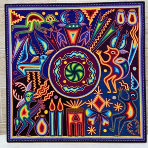 Huichol Yarn Painting: 24&quot; Square Mexican Folk Art Wall Decor