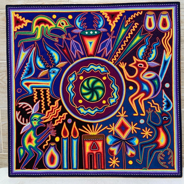 Huichol Yarn Painting: 24" Square Mexican Folk Art Wall Decor