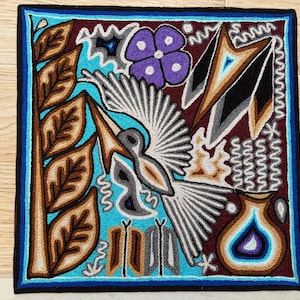 Huichol yarn painting 12 X 12 inches (30 X 30 cms), Huichol Thread Painting - Handmade Mexican Art with a Detailed History.