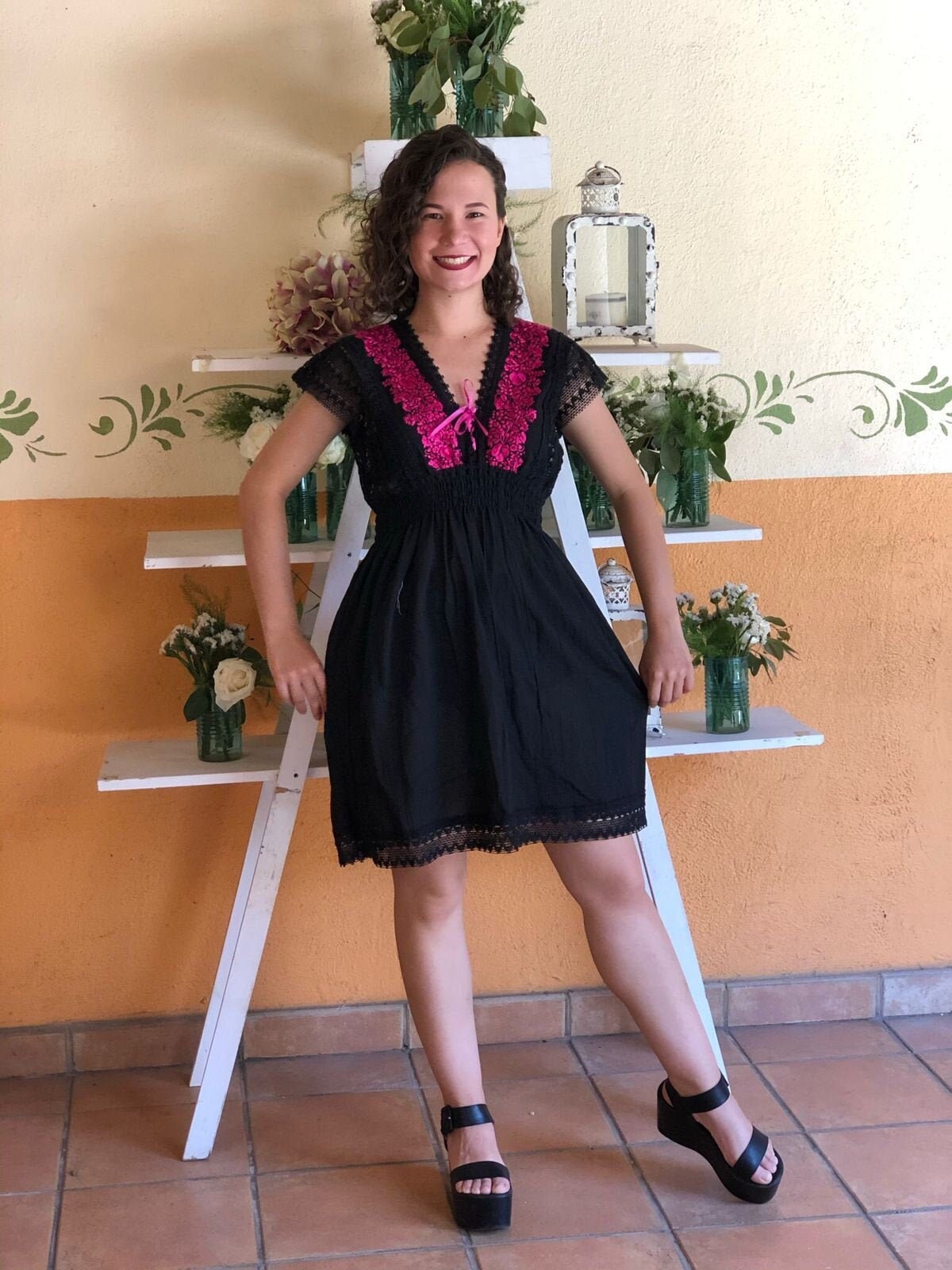 Hand Embroidered Mexican Mini Dress: Floral Ethnic Lace Dress