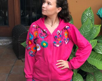 Hoodie With Floral Embroidery, Zipper Sweatshirt, Mexican