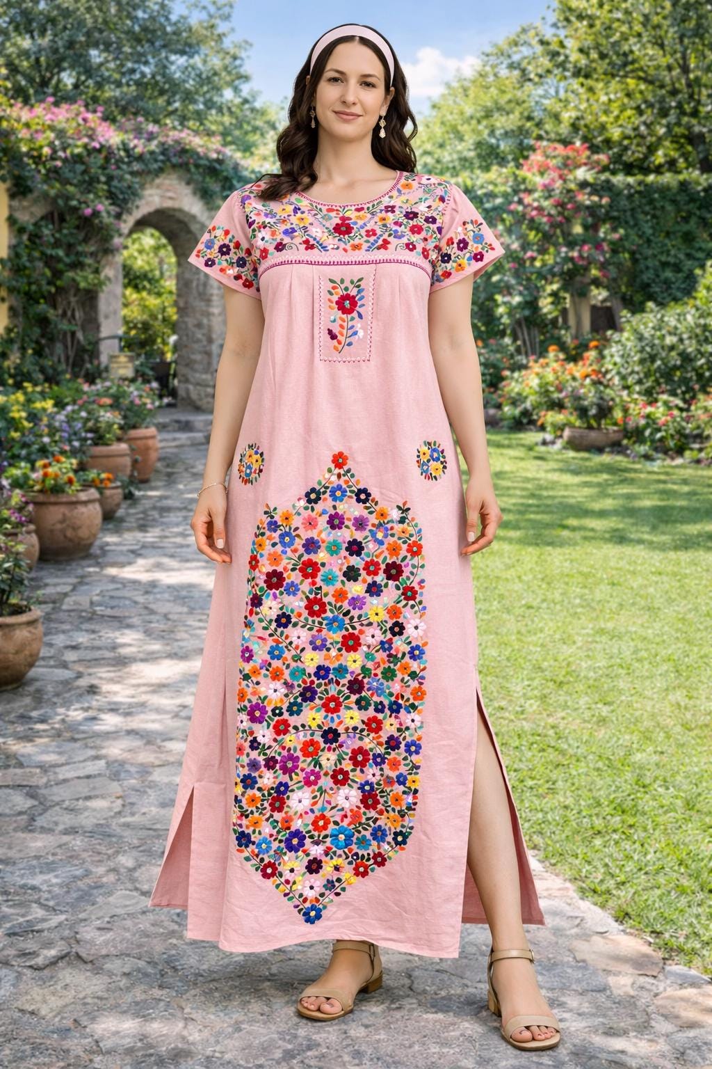 Handmade Embroidered Maxi Dress: Mexican Floral Boho Cotton