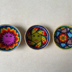 Pumpkin bowl lined with beads, Huichol bowl, Mexican decoration, beaded jicara, Mexican folk art.