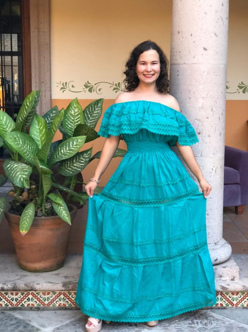 Traditional Mexican long dress, Mexican long dress, peasant dress, strapless dress, ethnic dress. Verde azulado