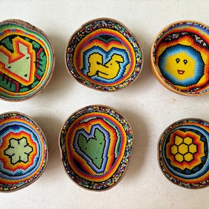 Pumpkin bowl lined with beads, Huichol bowl, Mexican decoration, beaded jicara, Mexican folk art.