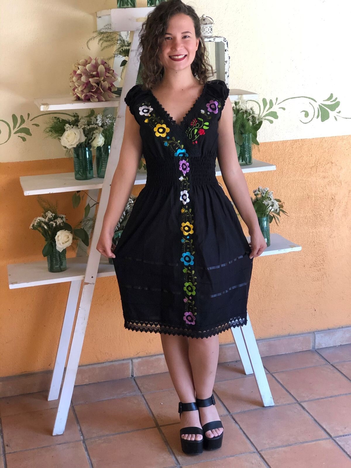 Higustar Vestidos bordados mexicanos para mujer, bohemio, campesino,  tradicional, fiesta, hippie, bohemio, floral, vestido largo de cóctel