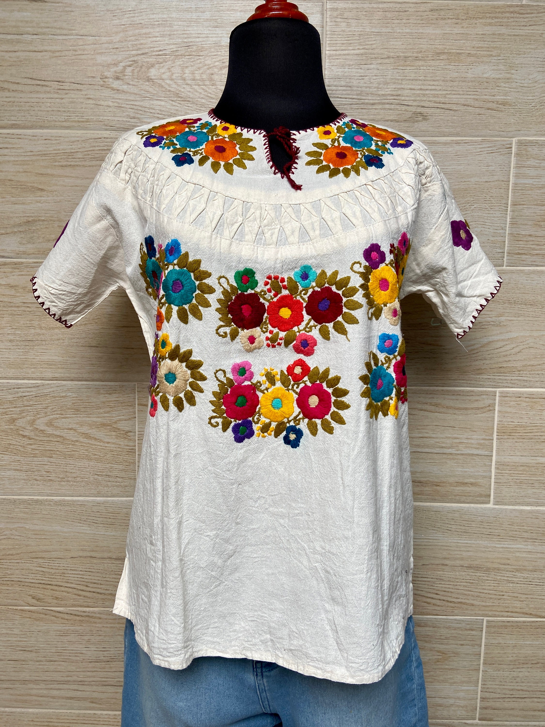 Mexican Floral Blouse, Traditional Mexican Hand Embroidered