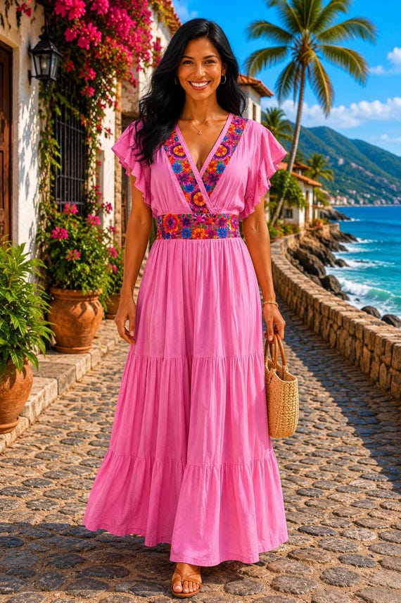 mexico beach dresses Embroidered Rayon Maxi Dress: Handmade Boho Mexican Dress stack gold springpreview Block Print Cotton Dress Size:8XL