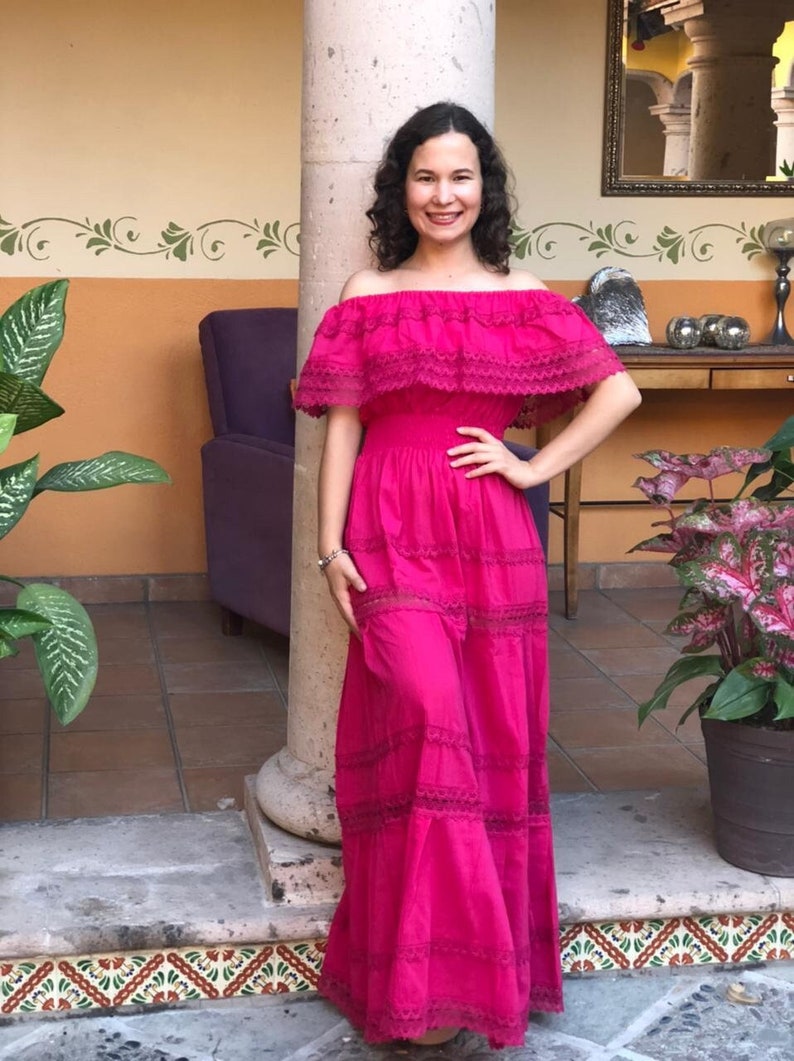 Traditional Mexican long dress, Mexican long dress, peasant dress, strapless dress, ethnic dress. Rosa