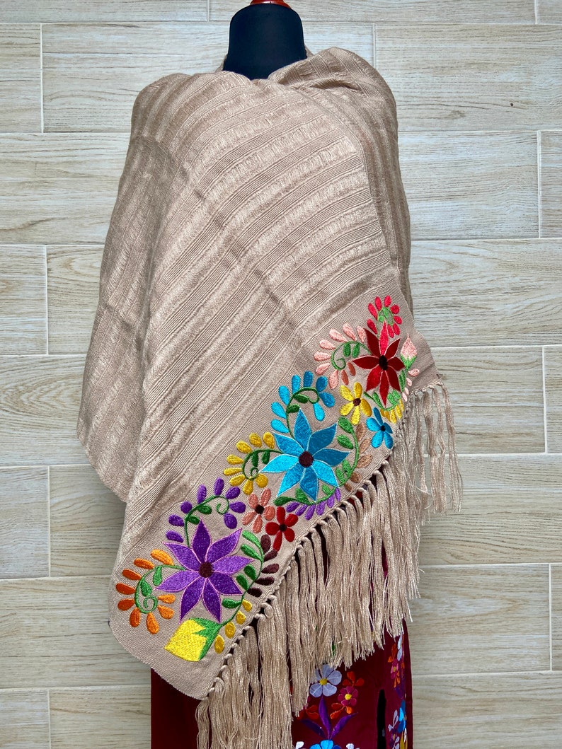Floral Embroidered Shawl, mexican shawl, mexican scarf, embroidered mexican rebozo, elegant scarf, evening wrap, beautiful gift. Beige