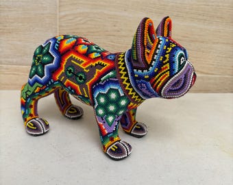 Huichol Beaded French Bulldog Sculpture: Handcrafted Mexican Folk