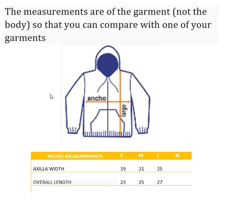Puede incluir: Un gr&aacute;fico que muestra las medidas en pulgadas de una sudadera con capucha en tallas S, M, L y XL. Las medidas son para la prenda, no para el cuerpo, e incluyen el ancho de la axila y la longitud total.