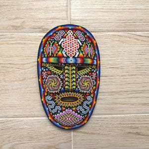 Handmade Huichol Beaded Mask, Colorful Mexican Indigenous Art, Collectible figure.