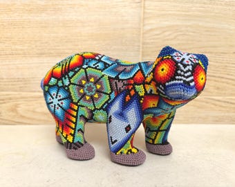 Huichol Beaded Bear Figurine: Colorful Mexican Folk Art