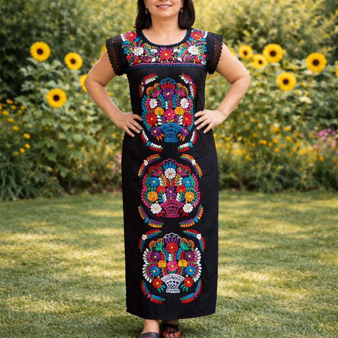 Handmade Mexican Long Dress: Embroidered Floral Cotton Hupil