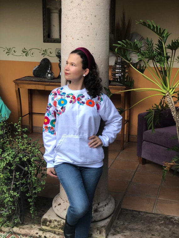 Hand Embroidered Floral Sweatshirt: Mexican Artisan Pullover