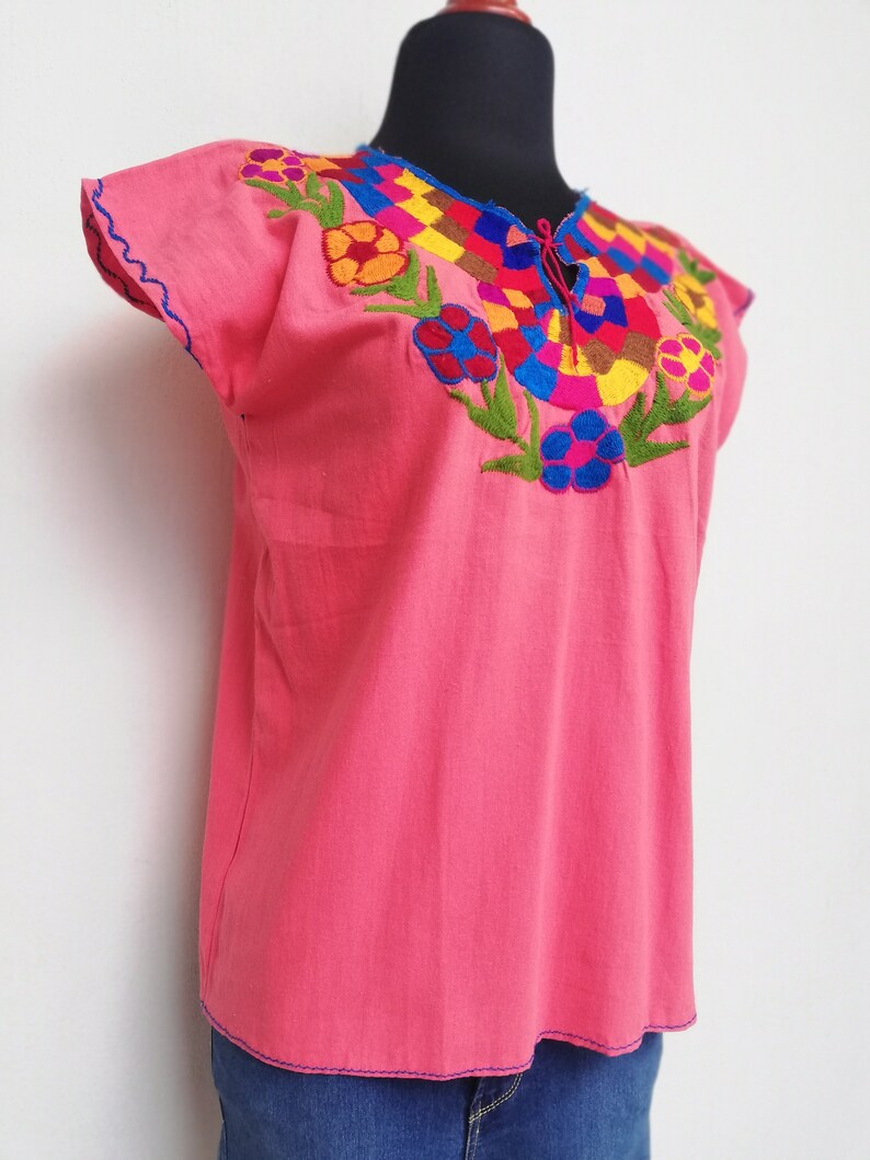 multicolored floral emboidery mexican huipil. Traditional mexican hand embroidered blouse ethnic blose