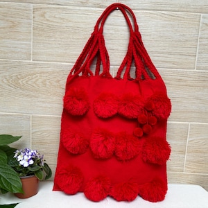 Handmade boho bag, Hand sewn pom pom Mexican tote bag, Hippie bag, Handmade ethnic shoulder bag.