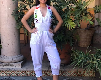 Handmade Mexican Embroidered Jumper, Sleeveless cotton romper with Floral Details.