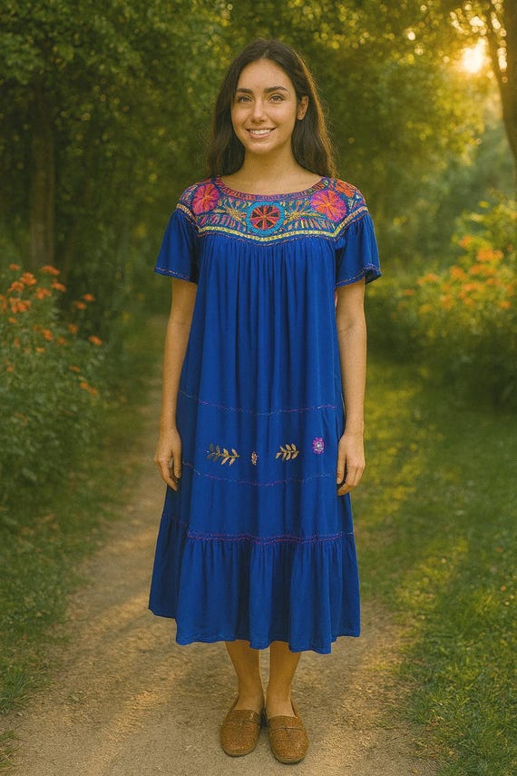 Handmade Rococo Embroidered Mexican Dress: M/L/XL