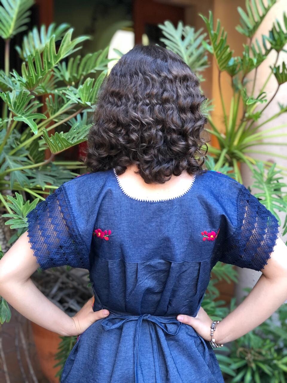 denim mexican dress Denim Mexican Off the Shoulder Dress. Floral Hand Embroidered Dress. Artisanal Mexican Dress. Traditional Mexican Dress. Frida Kahlo Style