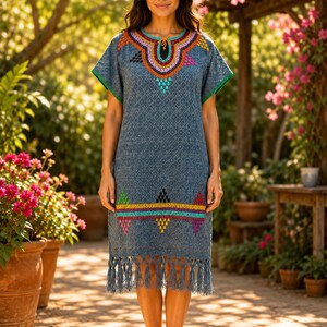 May include: A blue embroidered dress with a colorful neckline and hemline. The dress has short sleeves with green trim and a fringed hem. The dress is knee-length and has a geometric pattern.