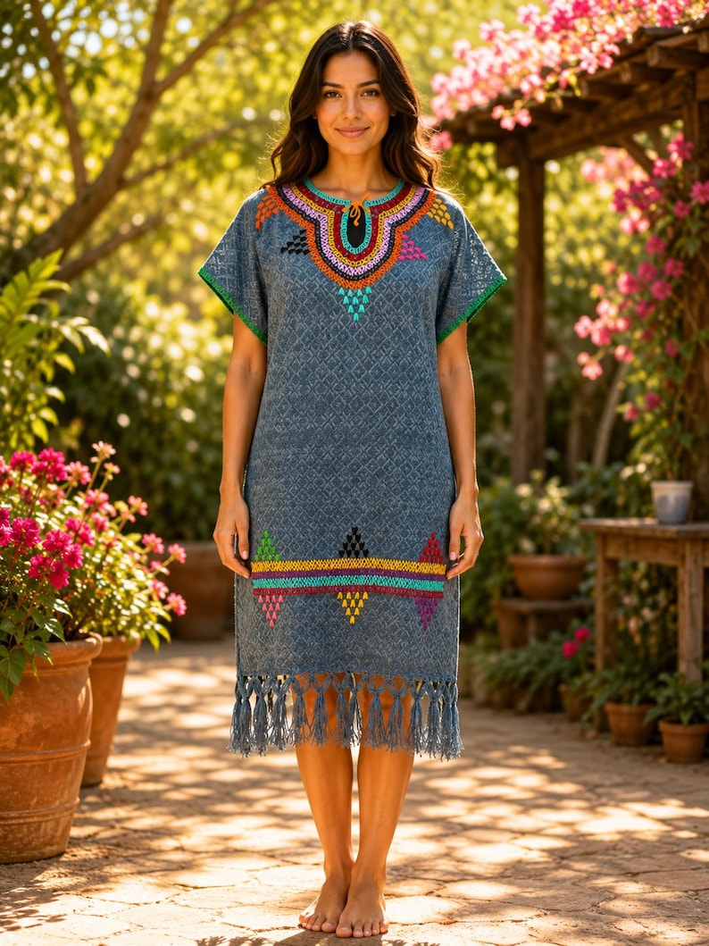 May include: A blue embroidered dress with a colorful neckline and hemline. The dress has short sleeves with green trim and a fringed hem. The dress is knee-length and has a geometric pattern.