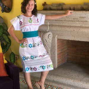 Mexican floral long dress, handmade mexican dress, hand embroidered dress, mexican long dress with lace, ethnic dress.