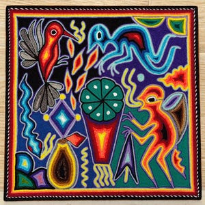 Huichol yarn painting 12 X 12 inches (30 X 30 cms), Huichol Thread Painting - Handmade Mexican Art with a Detailed History.